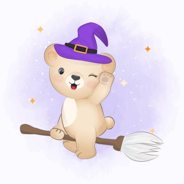 Süpürgeye binen sevimli küçük ayı. Cadılar Bayramı çizimi