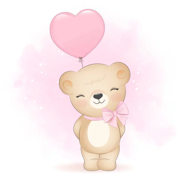 Cute Little Bear Dengan Kartun Balon Hewan Cat Air Ilustrasi - Stok Vektor
