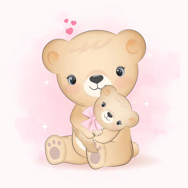 かわいいクマとお母さんとともにハート手描きの漫画動物イラスト — ストックベクタ