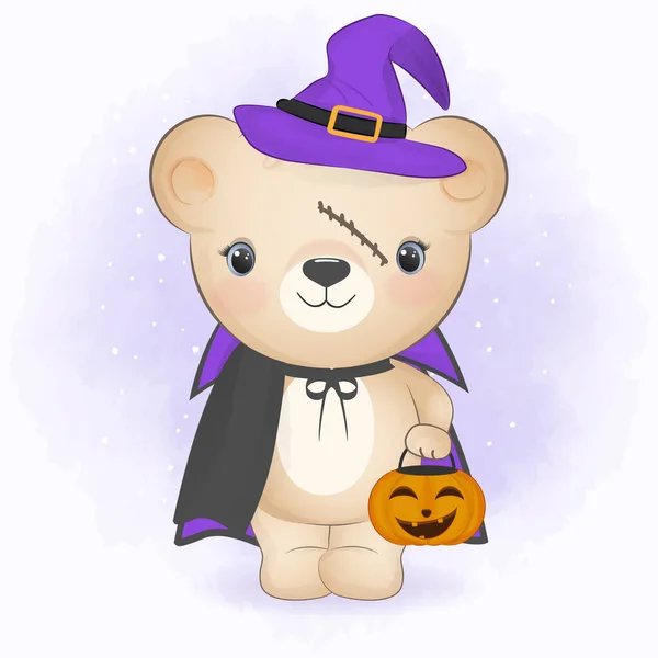 Urso Bonito Vestindo Traje Halloween Abóbora Segurando Ilustração Halloween — Vetor de Stock