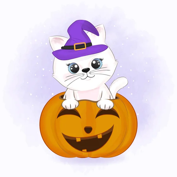 Cute Cat Dyni Ręcznie Rysowane Kreskówki Zwierząt Halloween Ilustracja — Wektor stockowy