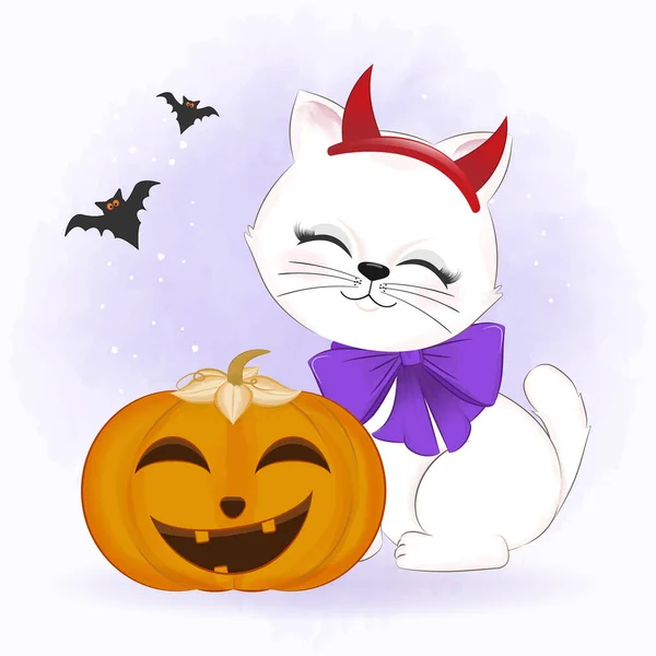 Cute Cat Dyni Bat Ręcznie Rysowane Kreskówki Zwierząt Halloween Ilustracja — Wektor stockowy