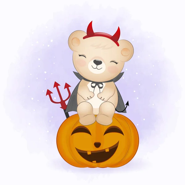 Cute Devil Bear Dyni Ręcznie Rysowane Kreskówki Zwierząt Halloween Ilustracja — Wektor stockowy