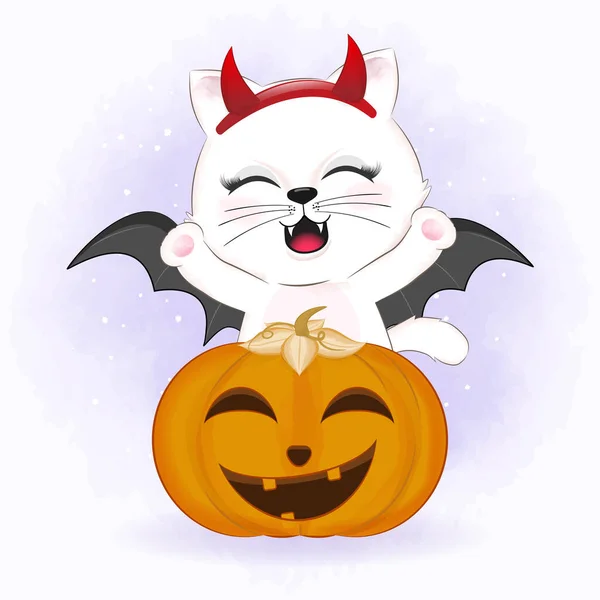 Lindo Gato Con Calabaza Dibujado Mano Dibujos Animados Animal Halloween — Vector de stock