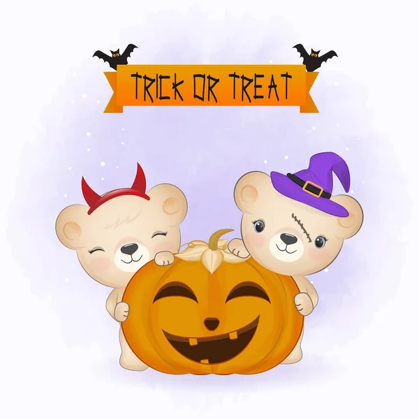 Cute Niedźwiedź Nietoperz Dyni Rysowane Kreskówki Zwierząt Halloween Ilustracja — Wektor stockowy