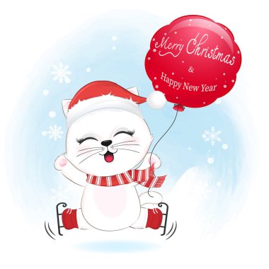 Kışın tatlı kedi ve kırmızı balon, Noel illüstrasyonu.