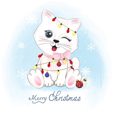 Şirin kedi ve ampul Noel süslemesi. Mutlu Noeller..