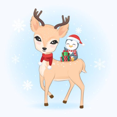 Sevimli küçük penguen ve hediye kutusu geyiğin üzerinde oturuyor. Noel illüstrasyonu.