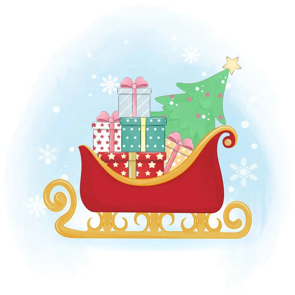 雪橇和松树圣诞礼物 圣诞水彩画 — 图库矢量图片