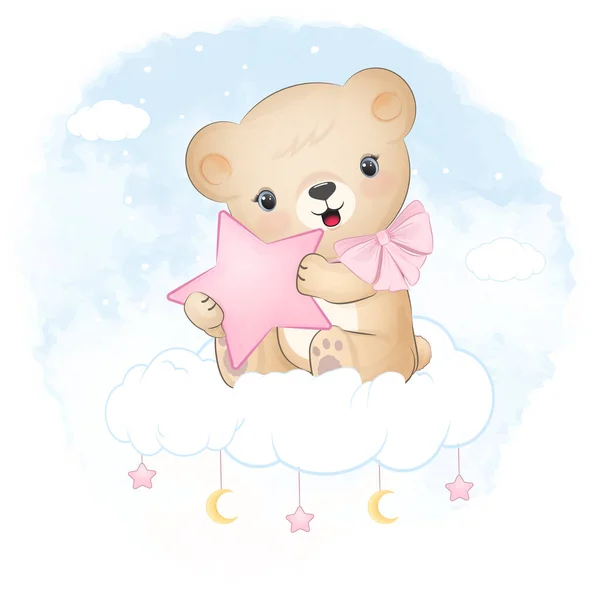 Cute Teddy Bear Sitting Cloud Blue Watercolor Background — Stock Vector