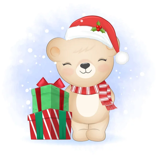 Mignon Ours Peluche Avec Boîte Cadeau Hiver Illustration Noël — Image vectorielle