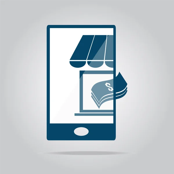 Tienda con dinero en el icono del teléfono inteligente ilustración — Vector de stock