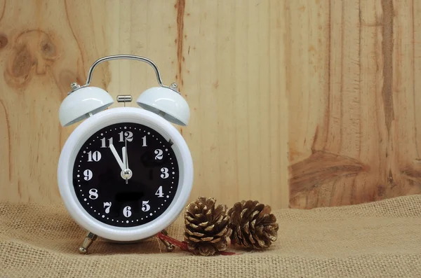 Alarm clock with pinecones for background — Stock Photo, Image