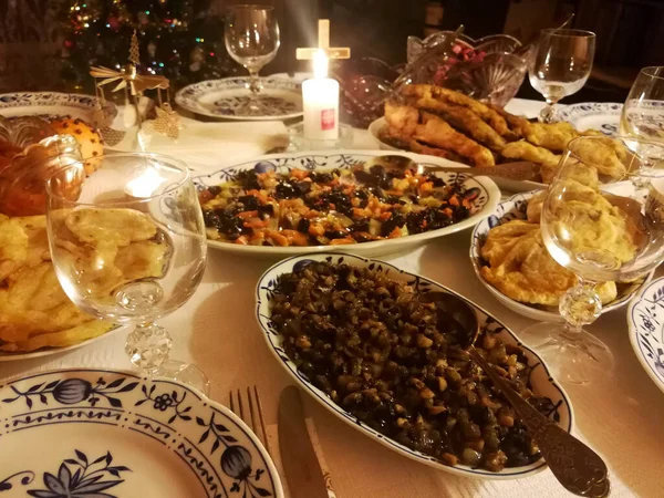 Comida Tradicional Nochebuena Servida Para Cena Nochebuena —  Fotos de Stock