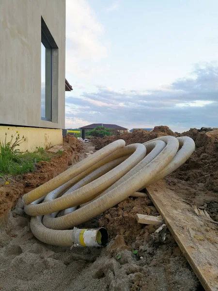 Entwässerungsfilterrohr Für Baustelle Und Individuelle Hausentwässerung — Stockfoto
