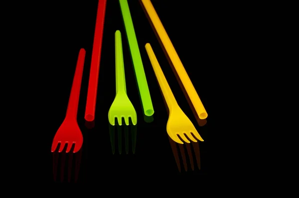 Plastic Disposable Utensil Cutlery Yellow Green Red Lithuania Flag Colors — Foto Stock