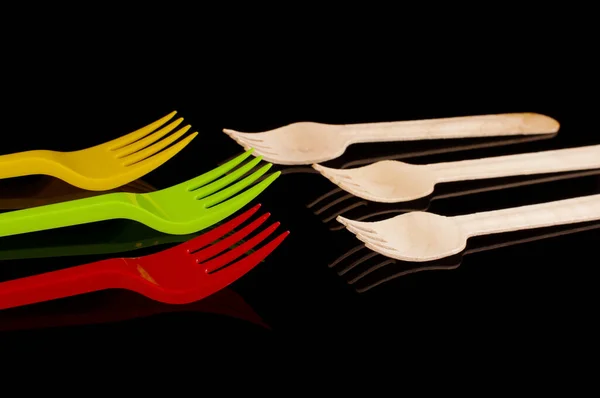 Plastic Disposable Utensil Cutlery Forks Biodegradable Wooden Disposable Utensils Isolated — Foto Stock