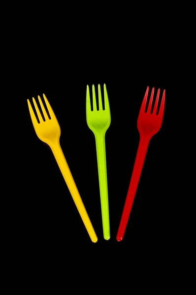 Three Plastic Disposable Utensil Cutlery Forks Yellow Green Red Lithuania — Foto Stock