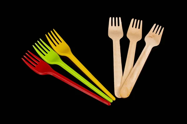 Plastic Disposable Utensil Cutlery Forks Biodegradable Wooden Disposable Utensils Isolated — Zdjęcie stockowe
