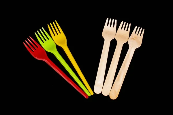 Plastic Disposable Utensil Cutlery Forks Biodegradable Wooden Disposable Utensils Isolated — Fotografia de Stock