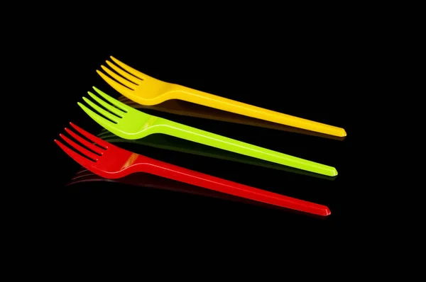 Three Plastic Disposable Utensil Cutlery Forks Yellow Green Red Lithuania — Foto Stock