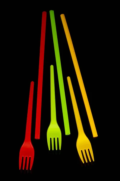 Plastic Disposable Utensil Cutlery Yellow Green Red Lithuania Flag Colors — Foto Stock