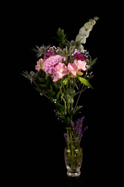 Modern Bouquet Pink Purple Pastel Color Flowers Isolated Black Background — Fotografia de Stock