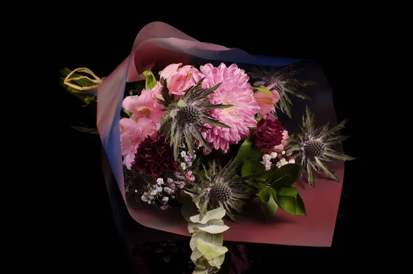 Modern Bouquet Pink Purple Pastel Color Flowers Isolated Black Background — Fotografia de Stock