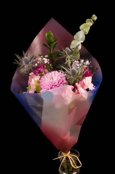 Modern Bouquet Pink Purple Pastel Color Flowers Isolated Black Background — Fotografia de Stock