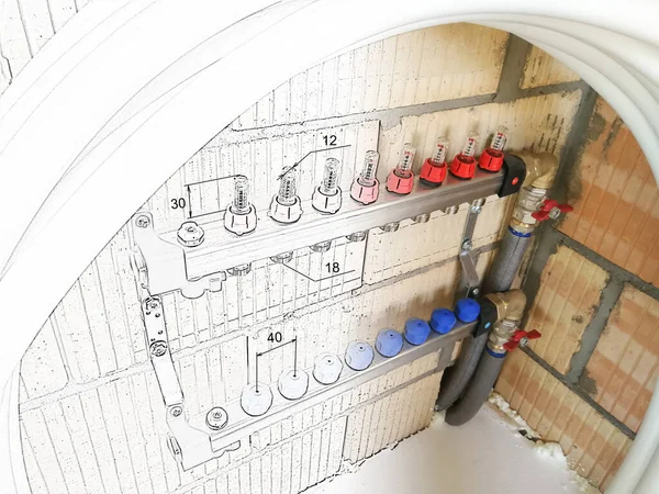 建設中の新家での給水 暖房用配管工事の概念 — ストック写真