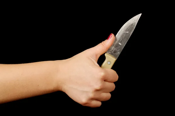 Risk concept female hand unsafe holding knife — Stock Photo, Image