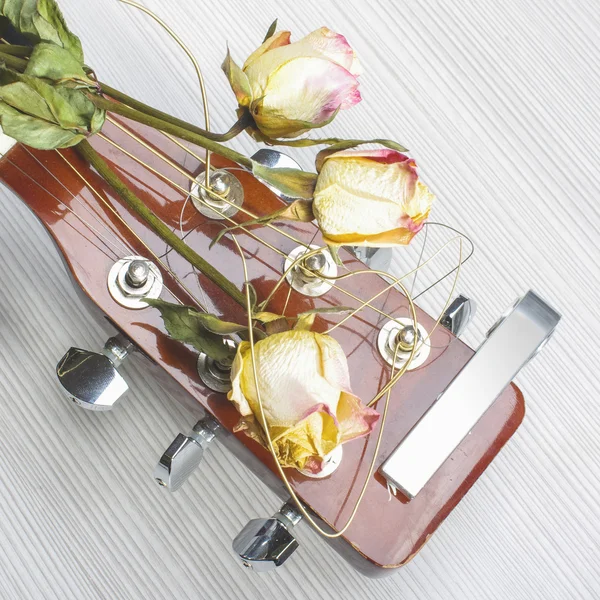 Three wilted roses on acoustic guitar CD cover — Stock Photo, Image