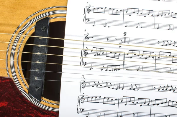 Acoustic guitar sound hole and sheet music notes paper — Stock Photo, Image