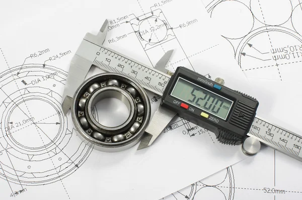 Peiling en remklauw op de mechanical engineering tekening — Stockfoto