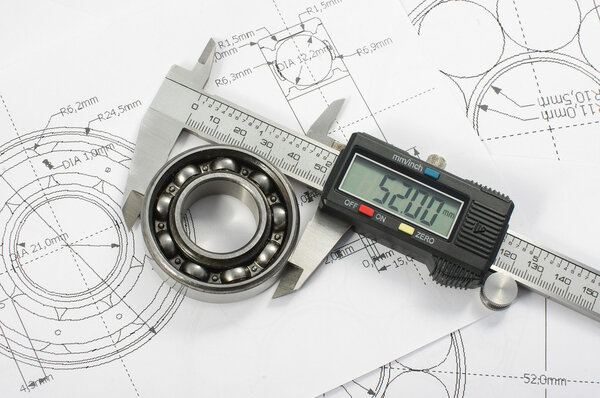 Bearing and caliper on the mechanical engineering drawing