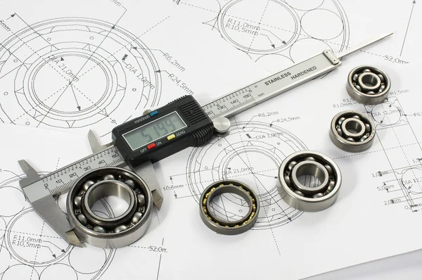 Peiling en remklauw op de mechanical engineering tekening — Stockfoto