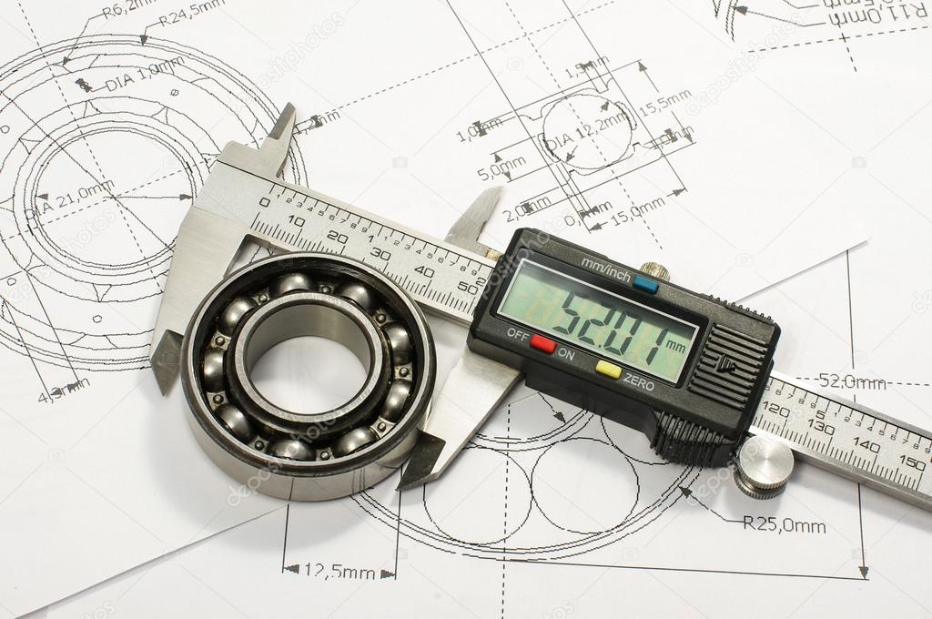 Bearing and caliper on the mechanical engineering drawing