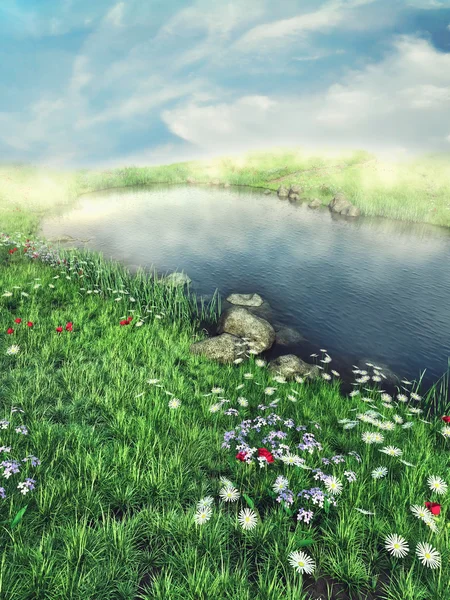 Foggy lake with flowers — Stock Photo, Image