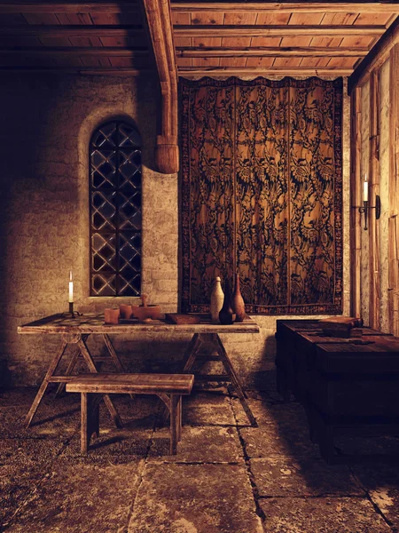 Sala medieval con mesa y cofre de madera — Foto de Stock