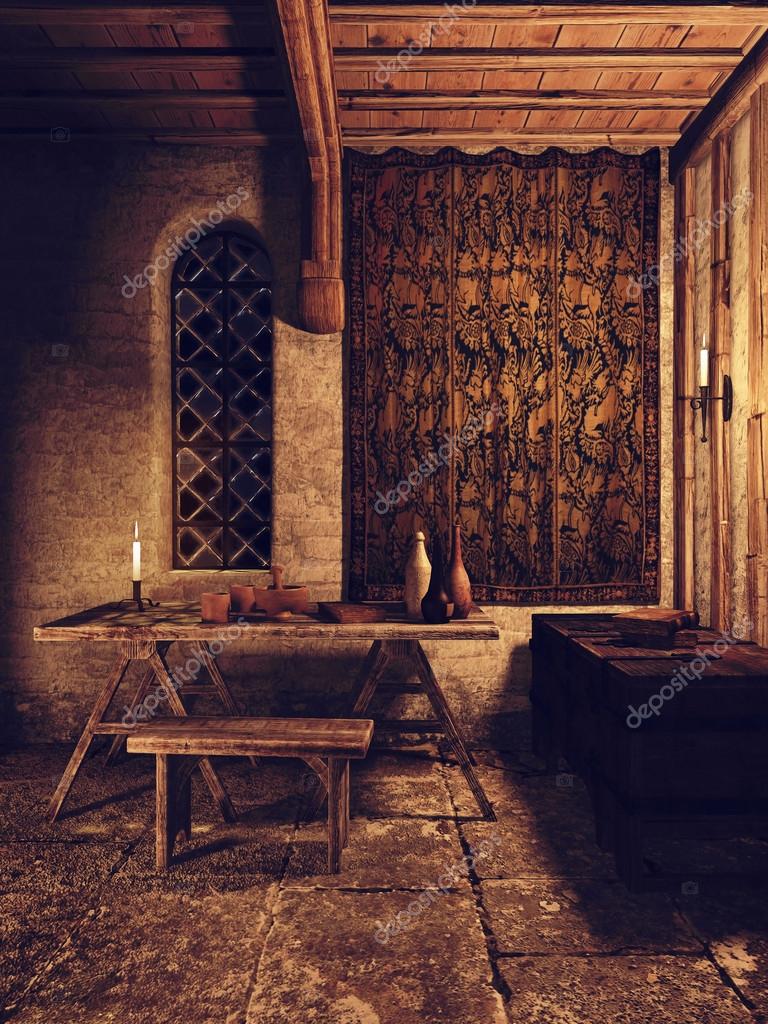 Medieval room with a table and wooden chest Stock Photo by