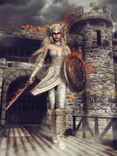 Fantasy valkyrie in front of a burning castle