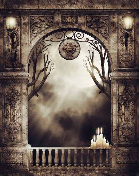 Old gothic arch with burning candles and fantasy lamps