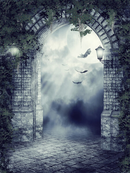 Dark fantasy gate with lamps, ivy and bats