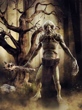 Elinde topuz tutan ve ormanda bir ağacın yanında duran fantezi bir goblinin olduğu karanlık bir sahne. 3 Boyutlu Hazırlama.