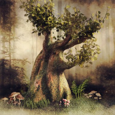 Kara sisli bir ormanda yeşil yapraklı yaşlı ağaç, mantarlar ve eğreltiotlarıyla. 3 Boyutlu Hazırlama.