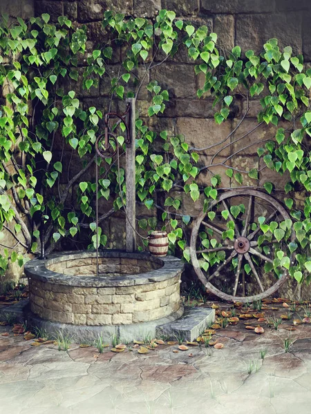 Old Vintage Well Green Ivy Bucket Wooden Wheel Stone Wall — Stock Photo, Image