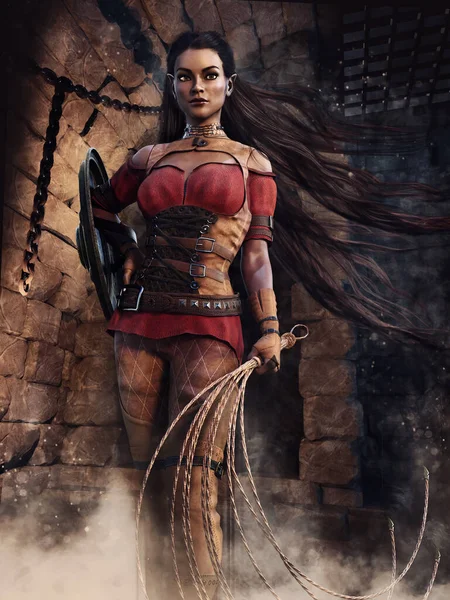 ダンジョンに立って盾と鞭を保持する女性の自己戦闘機と暗いシーン 3Dレンダリング — ストック写真