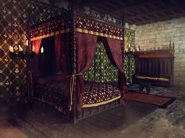 カーテン キャンドル 古い家具付きの大きなベッドルームとファンタジー中世の寝室 3Dレンダリング — ストック写真