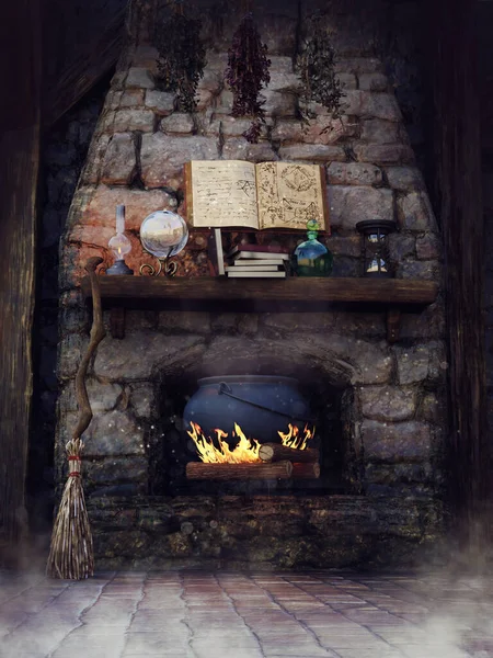 마법의 크리스탈볼 카울드리온 빗자루가 마녀의 오두막에 판타지 벽난로가 렌더링 — 스톡 사진