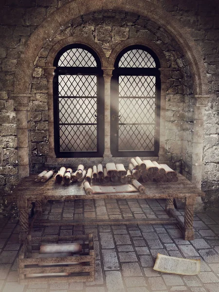 Mesa Con Pergaminos Papeles Scriptorium Medieval Con Una Ventana Antigua — Foto de Stock